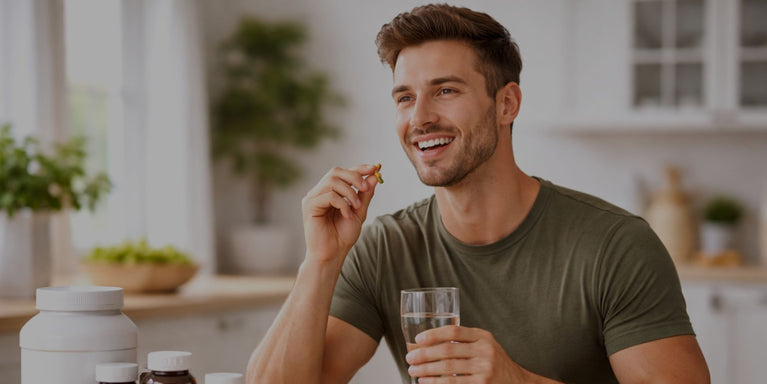 Man in a kitchen holding a glass of water and a supplement, with a bright and clean background.